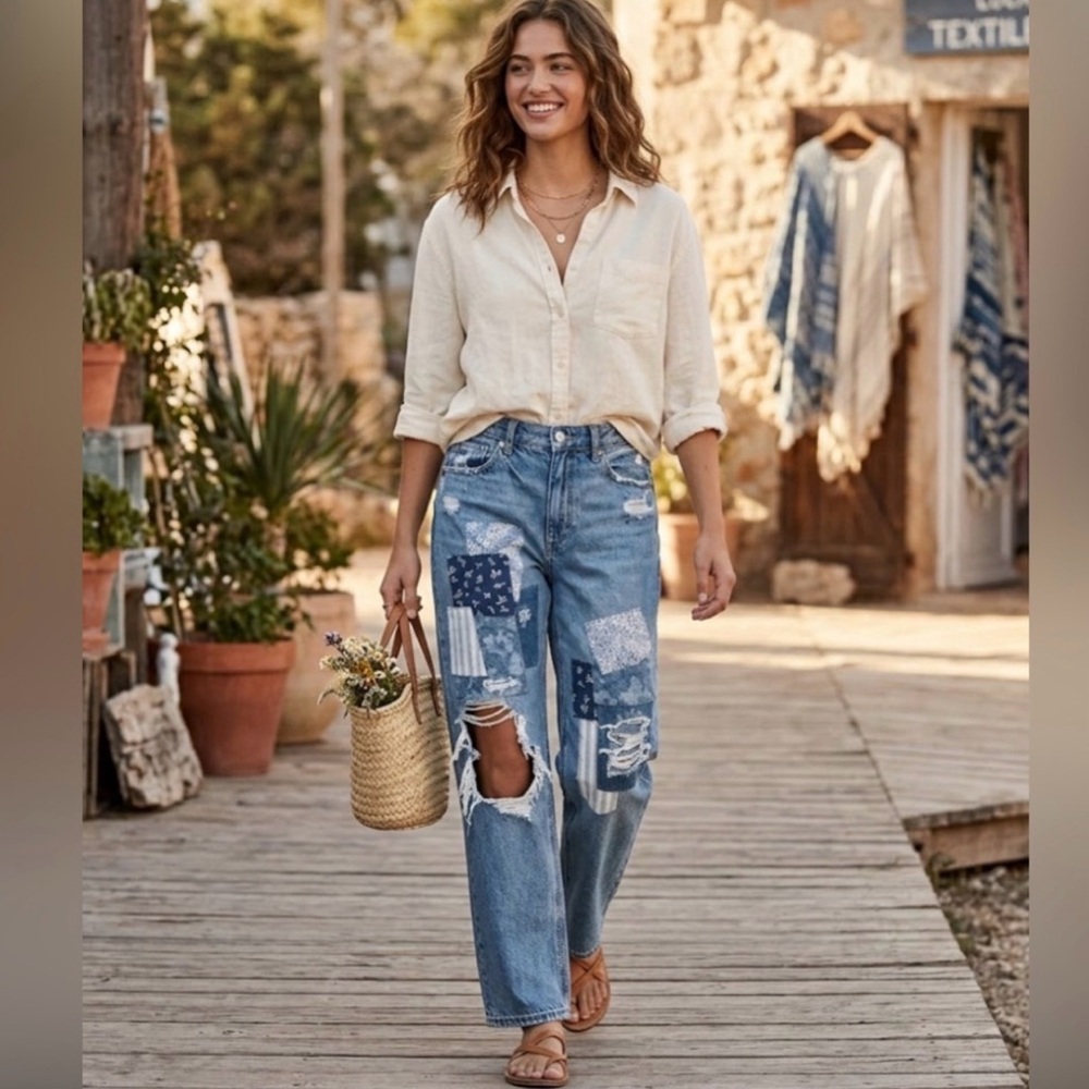 American Eagle Mom Straight Patchwork Jeans Size … - image 1